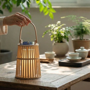 太阳能充电提灯新中式竹编风灯桌面烛台家居庭院日式简约装饰台灯