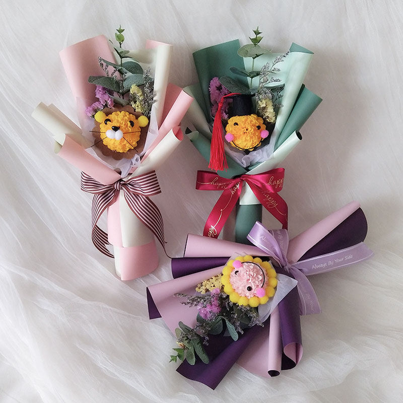 儿童节单支香皂花卡通乒乓菊干花花束可爱表情博士帽小礼物纪念品