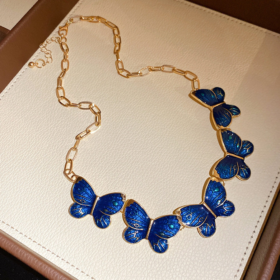 通勤百搭小众设计蓝色蝴蝶项链复古珐琅锁骨链轻奢高级感女款颈链