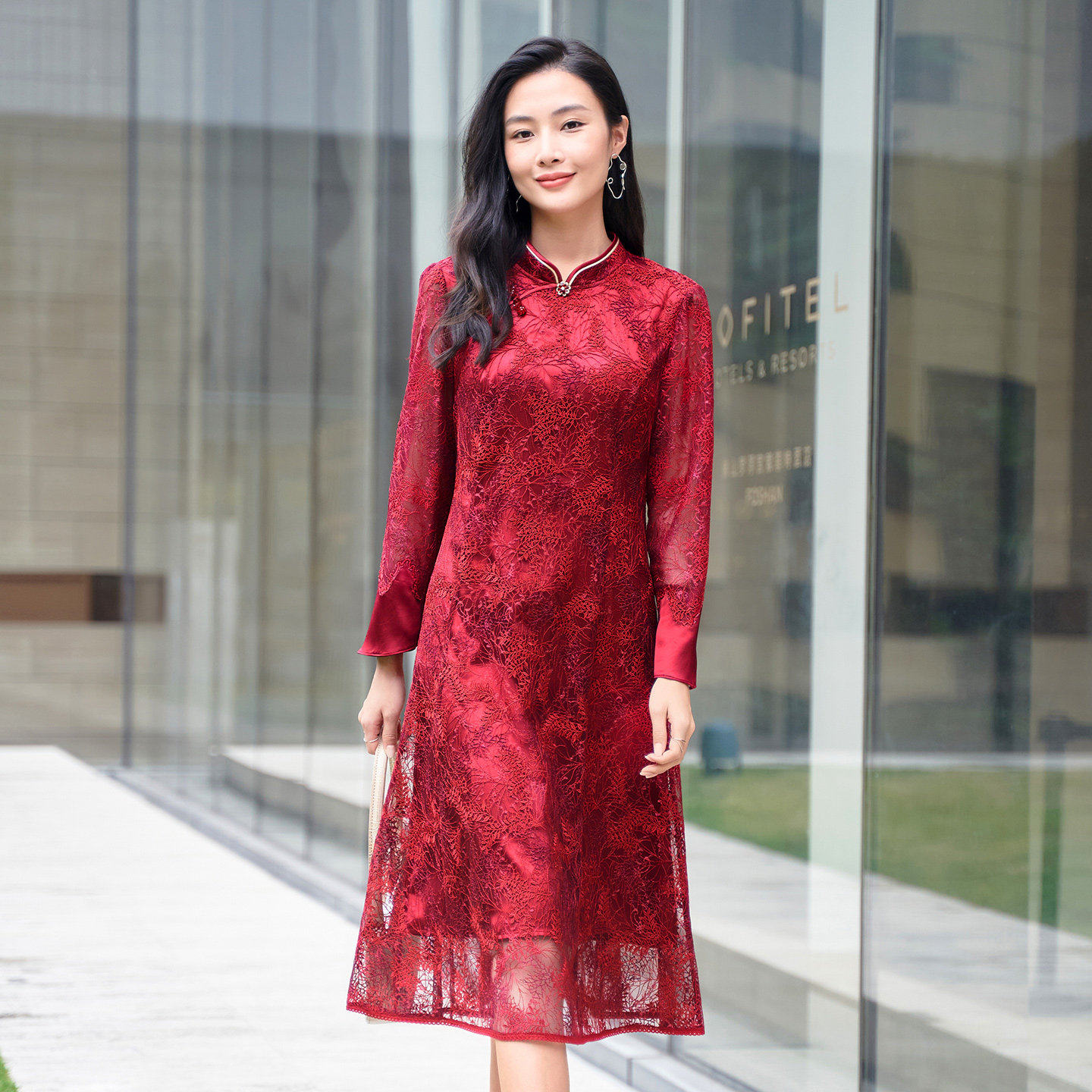 歌蒂诗春季专柜新款经典红色改良版蕾丝旗袍连衣裙1C34L1755