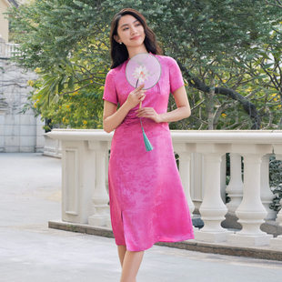 显瘦玫粉色开叉旗袍 高级修身 1E23L3384 时尚 歌蒂诗夏专柜新款