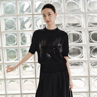 毛织女 歌蒂诗2026专柜春季 饰短袖 气质花边领亮片装 1G13Z1591 新款