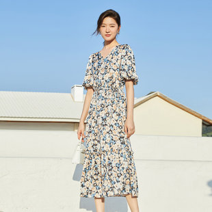 碎花A字短袖 气质V领泡泡袖 连衣裙女8C25L3459 新款 歌蒂诗专柜夏季