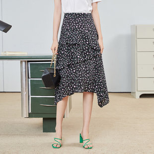 不规则下摆碎花半身裙 专柜夏款 8C21Q3831 100%桑蚕丝 歌蒂诗