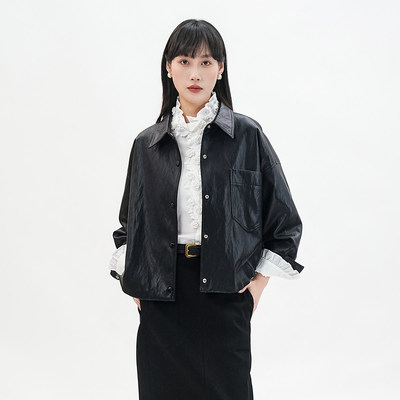 歌蒂诗春季新款时尚宽松高级气质短款皮衣外套女3F11P0753A