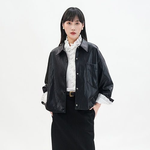 歌蒂诗春季新款时尚宽松高级气质短款皮衣外套女3F11P0753A