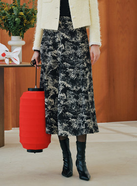 歌蒂诗春季专柜新款优雅气质经典黑色提花半身长裙 1F33Q3225