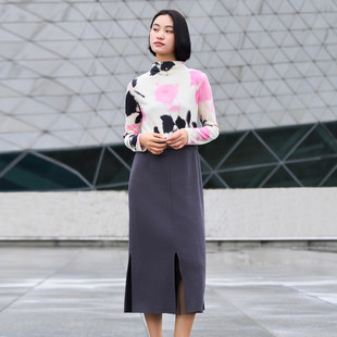 连衣裙 开叉拼接羊毛混纺扎染长袖 8D42L3122 个性 歌蒂诗冬专柜新款