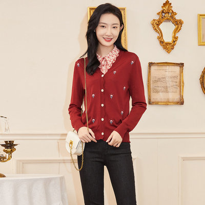 歌蒂诗春季专柜新款优雅气质精美印花针织开衫外套 1C10W2502