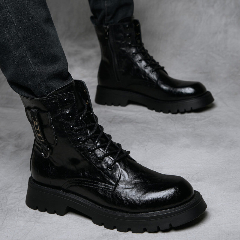 男士皮靴男秋季高帮真皮英伦风新款靴子男内增高休闲潮流马丁靴男