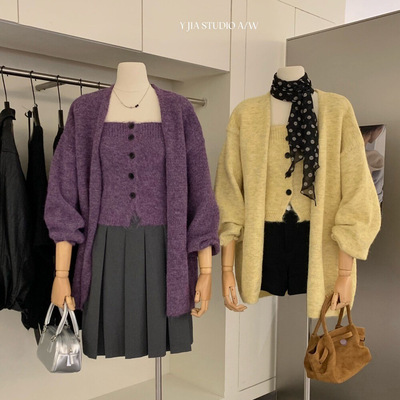 Y.JIA 伊嘉韩系泡泡䄂毛衣针织开衫+单排扣抹胸针织背心套装女