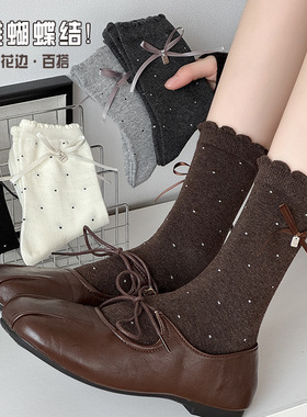 袜子女春夏韩系ins蝴蝶结秋冬芭蕾风中筒袜女蝴蝶结花边透气棉袜