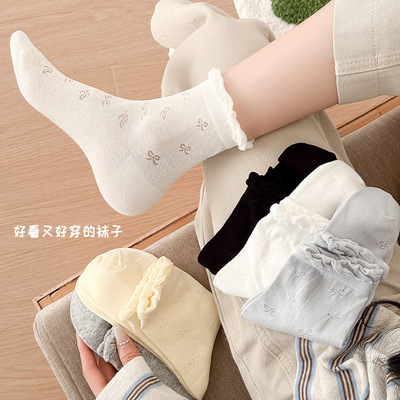 26芭蕾风蝴蝶结泡泡口堆堆袜春夏季网眼ins薄款中筒袜花边女袜子