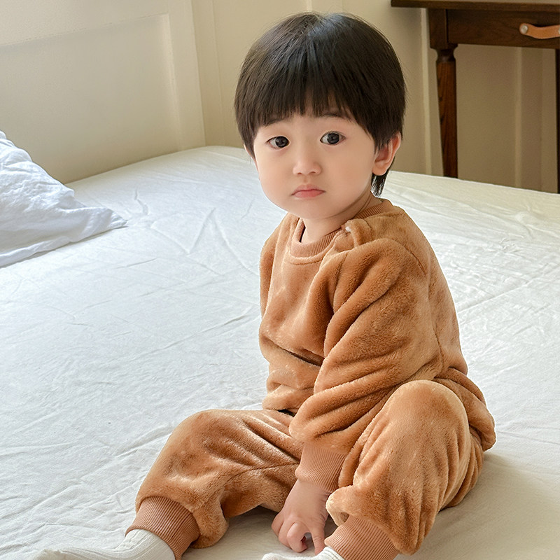 新款儿童秋冬套装加绒保暖法兰绒男女童高腰俩件套居家服婴儿睡衣
