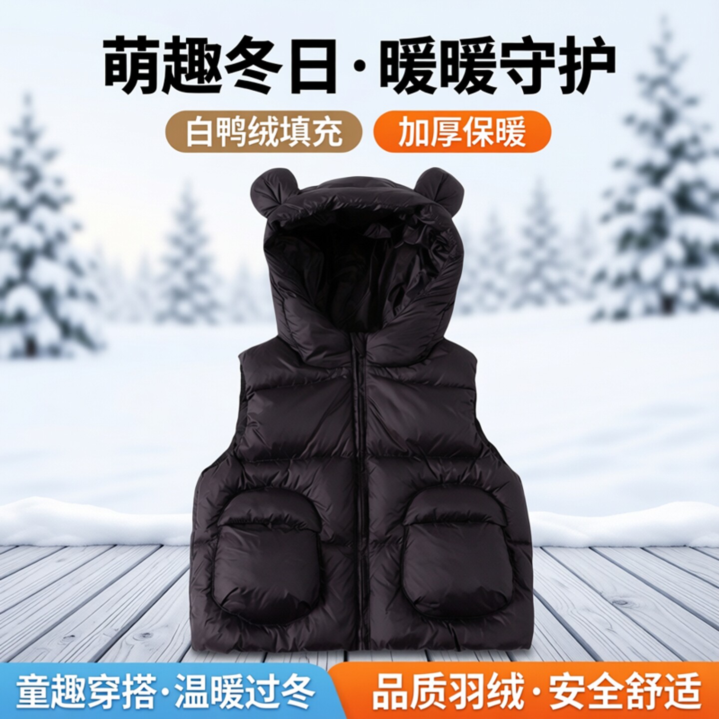 凡爱儿童加厚羽绒连帽马甲白鸭绒外穿卡通新款男女童坎肩冬季背