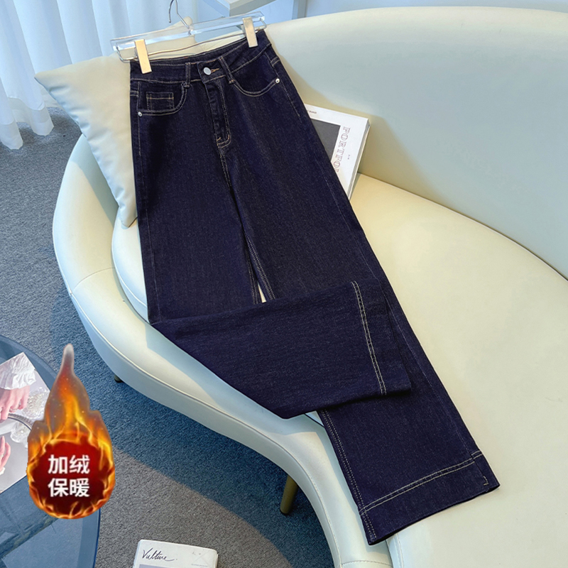 丹宁蓝阔腿牛仔裤女2025新款秋冬加绒高腰宽松显瘦垂感直筒裤爆款