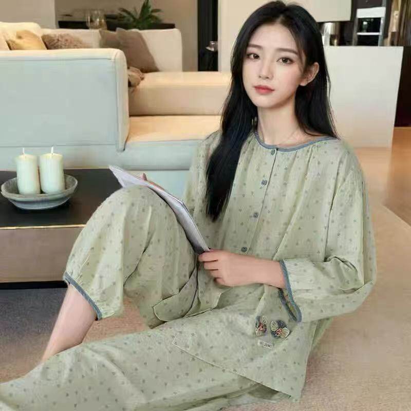 100%纯棉睡衣女春秋夏季七分袖九分裤甜美开衫大码中年家居服套装