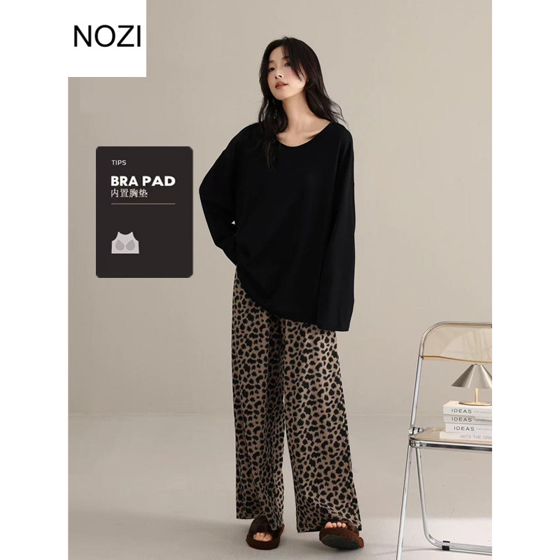 带胸垫纯棉睡衣女春秋款长袖长裤韩版豹纹休闲高级外穿家居服套装