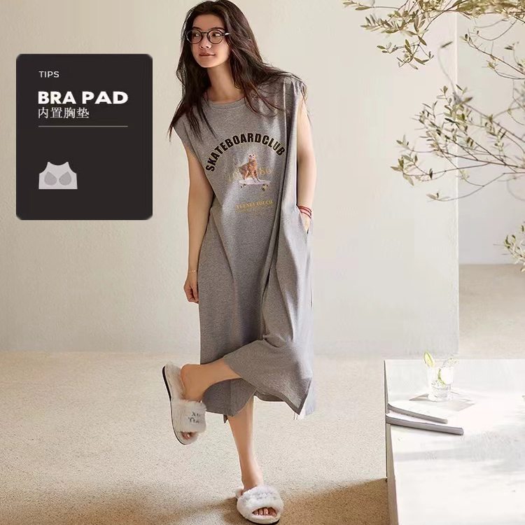 100%纯棉带胸垫睡裙女士夏季无袖韩版卡通薄款防凸点可外穿连衣裙