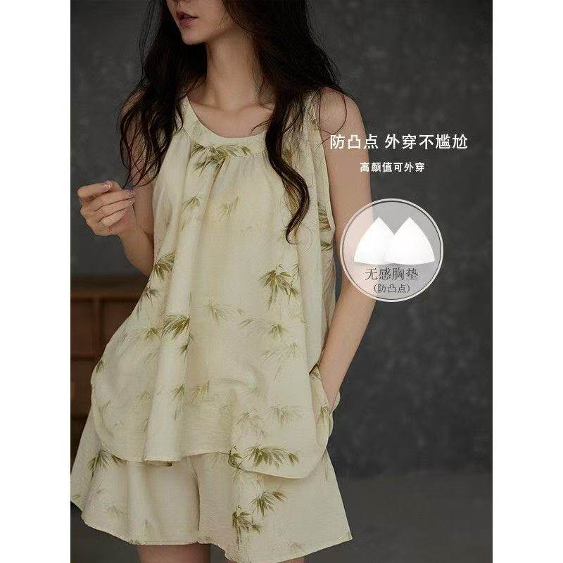 100%纯棉带胸垫睡衣女夏季吊带短裤高级感薄款可外穿家居服两件套