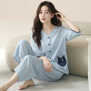 100%纯棉睡衣女春夏季七分袖九分裤甜美开衫大码可外穿家居服套装
