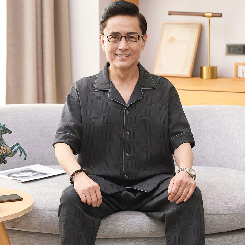 100%纯棉睡衣男夏季短袖长裤开衫大码中老年爸爸可外穿家居服套装