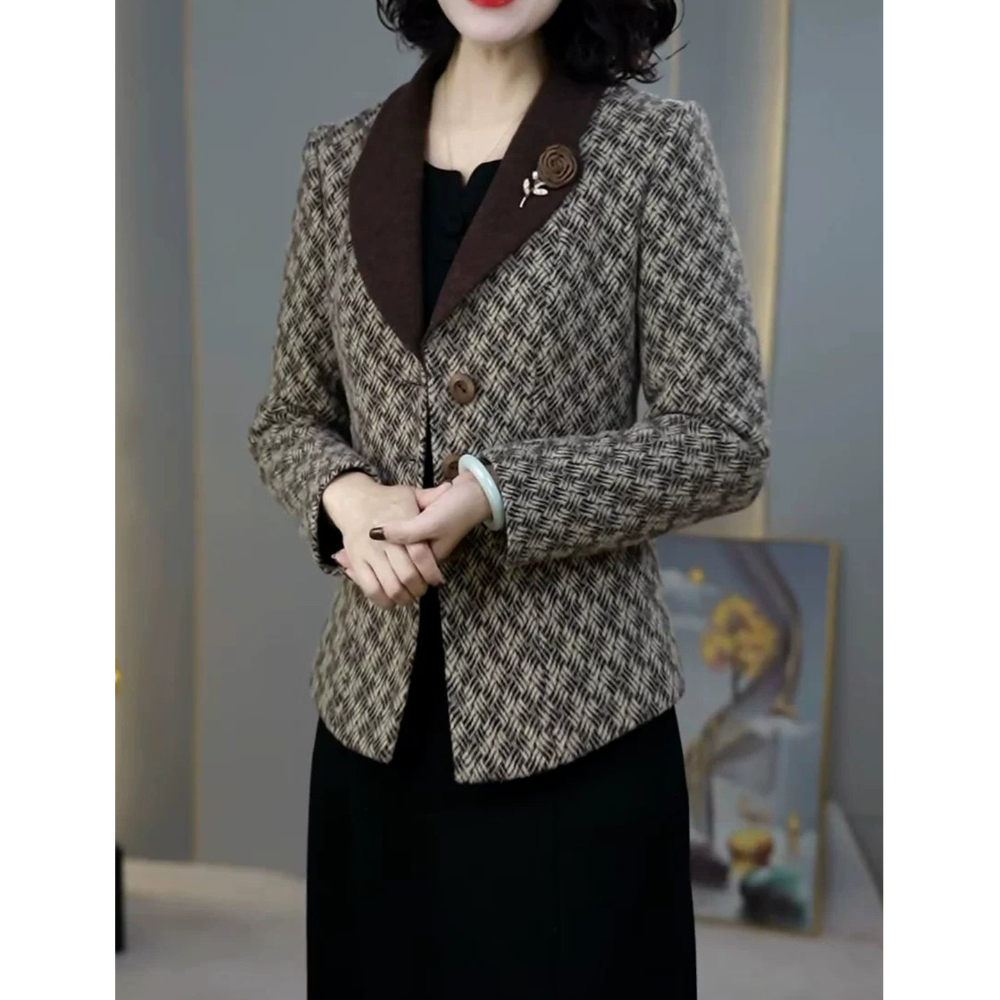 千鸟格西装女职业通勤百搭上衣