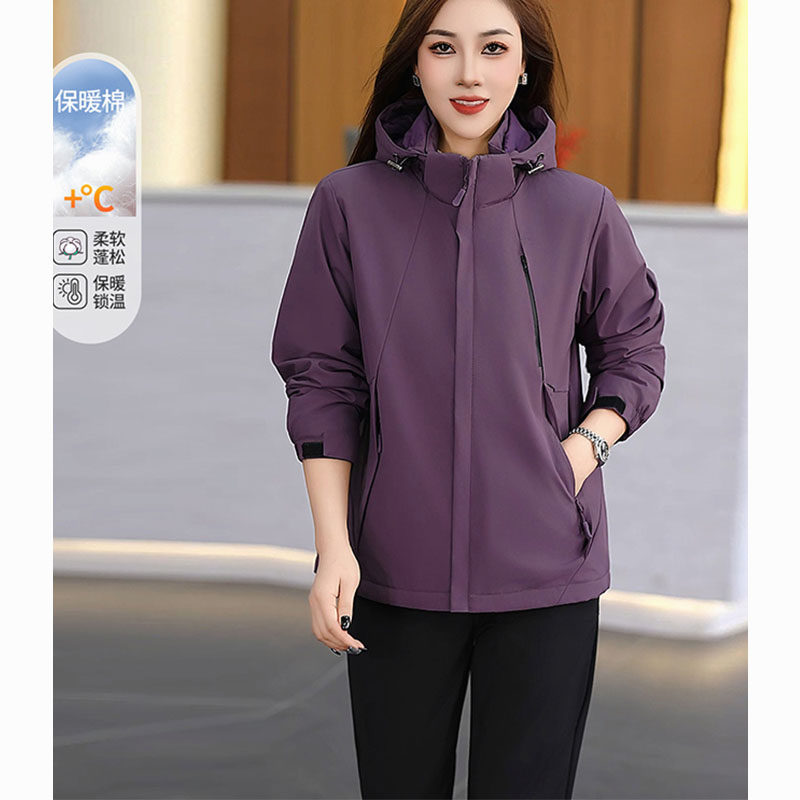 加棉加厚连帽冲锋衣外套女秋冬