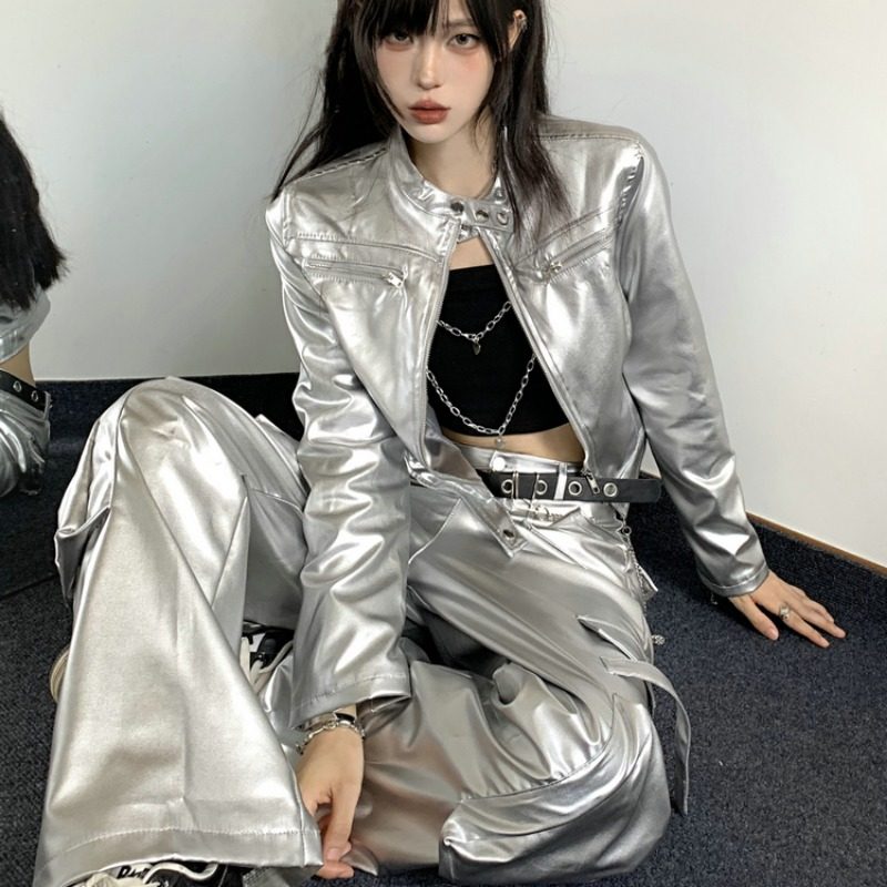 kpop女团爵士舞服街舞嘻哈舞台演出服炸街银色外套帅气工装裤套装