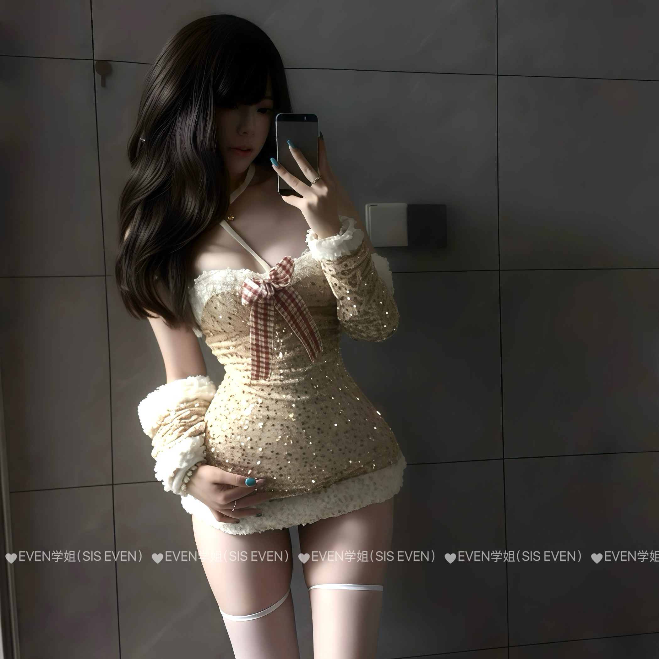 纯欲圣诞亮片毛绒收腰连身裙