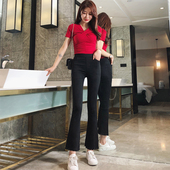 子女 显瘦春秋小个子九分微喇叭长裤 松紧腰喇叭裤 黑色弹力高腰修身