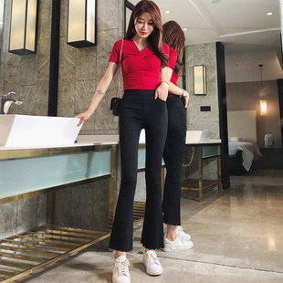 松紧腰喇叭裤黑色弹力高腰修身显瘦春秋小个子九分微喇叭长裤子女