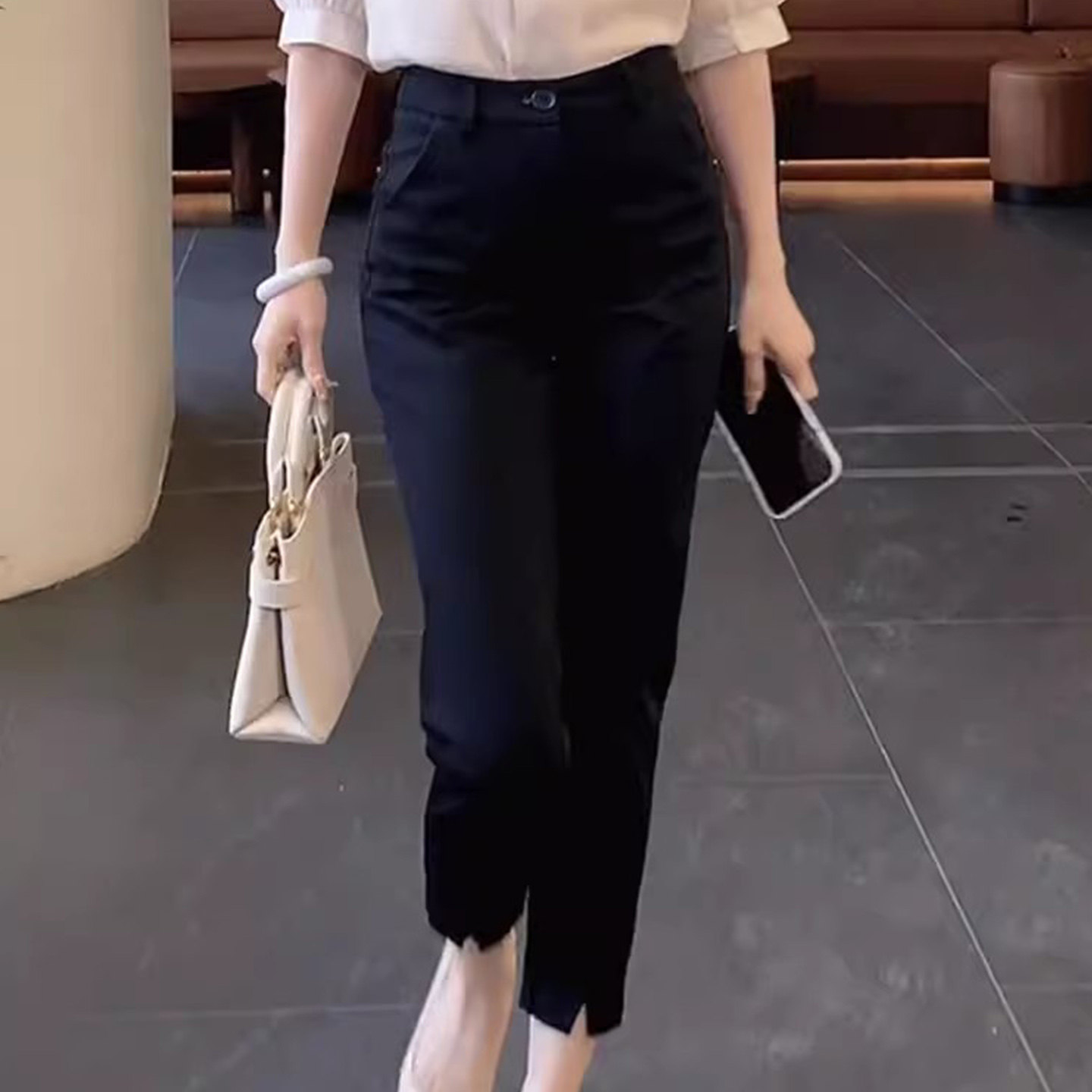 黑色弹力2025新款春夏西装裤女九分直筒裤小个子八分OL职业小脚裤