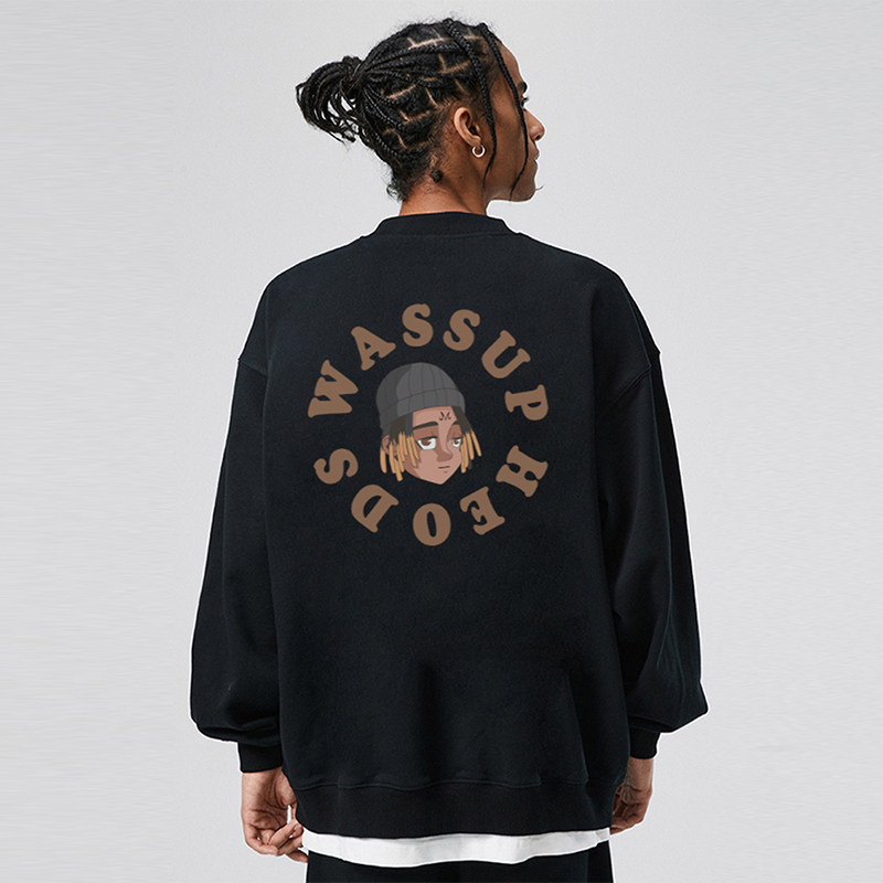 WASSUP HEODS脏辫男孩美式重磅复古圆领卫衣男无帽国潮牌宽松上衣