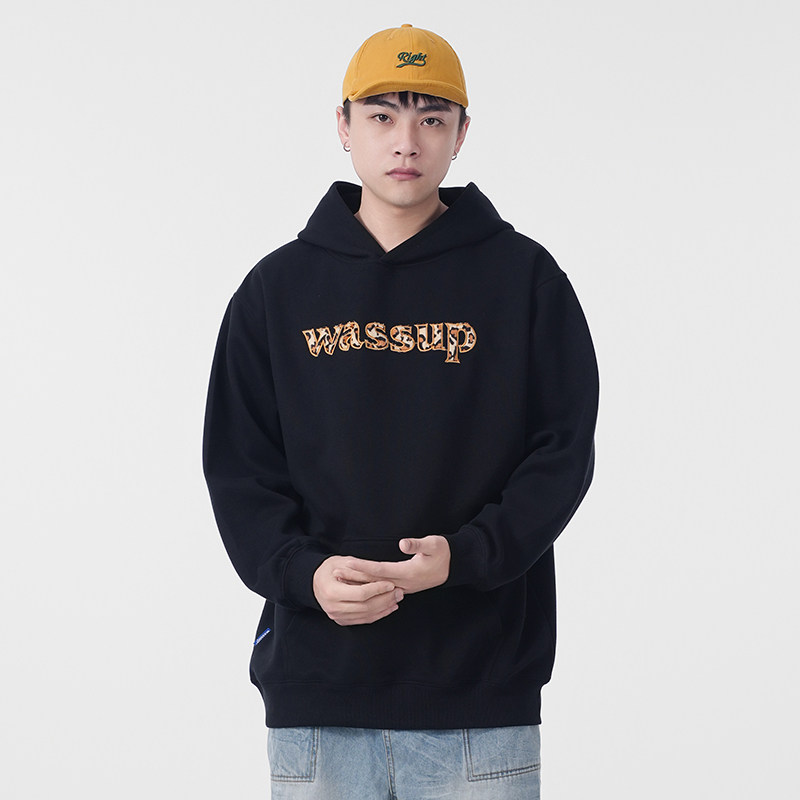 WASSUP豹纹字母刺绣卫衣男连帽秋冬新款潮牌美式重磅简约帽衫上衣