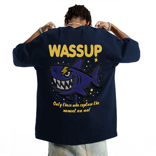 WASSUP鲨鱼美式重磅短袖T恤男夏