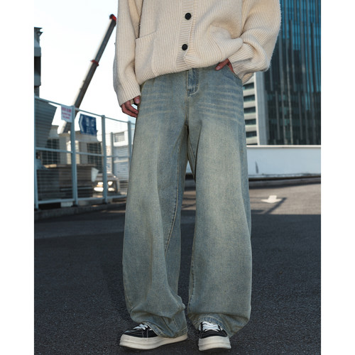 WASSUP美式浅色水洗蓝阔腿牛仔裤