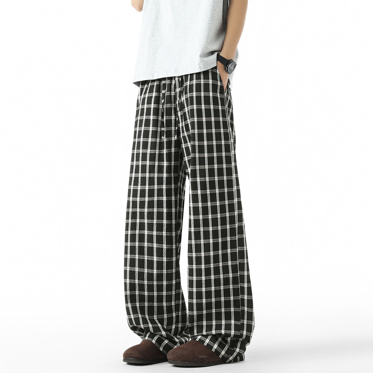 WASSUP潮牌美式黑白格子休闲裤男夏季薄款宽松慵懒风痞帅垂感长裤