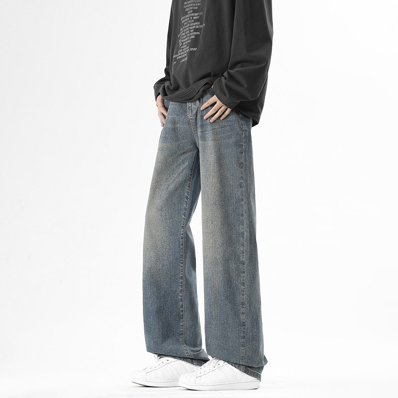 WASSUP潮牌美式复古水洗渐变蓝牛仔裤男2026新款宽松休闲直筒长裤
