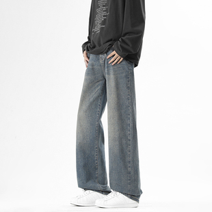 WASSUP潮牌美式复古水洗渐变蓝牛仔裤男2026新款宽松休闲直筒长裤