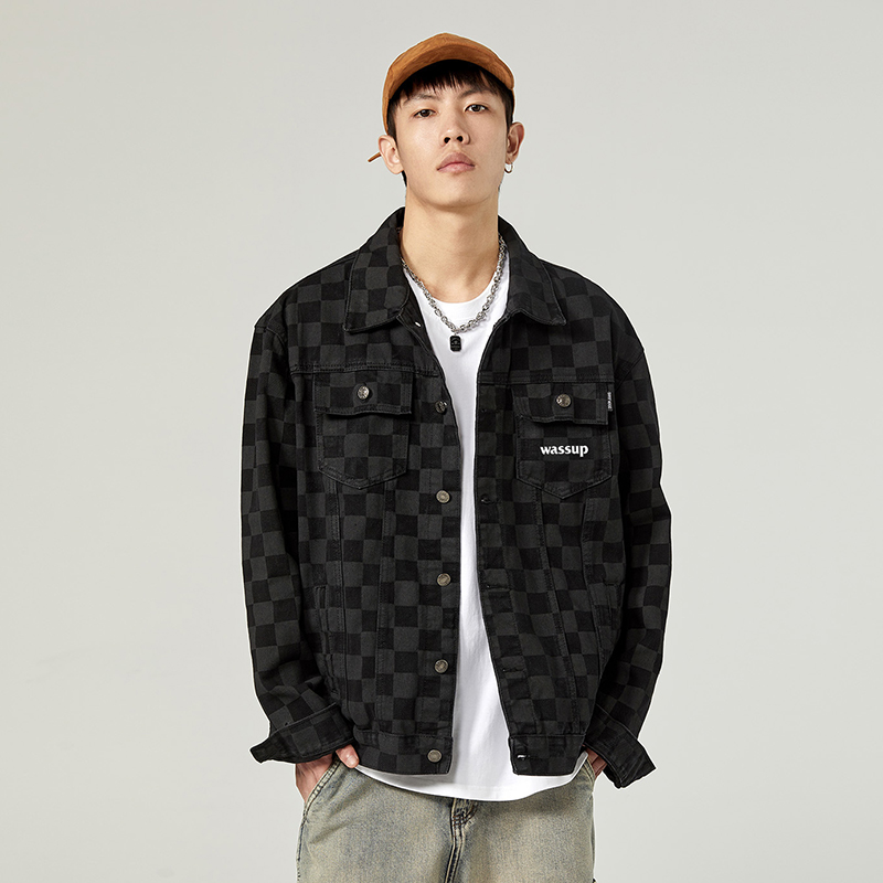 WASSUP复古格子字母潮牌工装牛仔外套男装秋冬季宽松潮流情侣上衣
