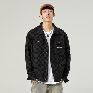 WASSUP复古格子字母潮牌工装牛仔外套男装秋冬季宽松潮流情侣上衣