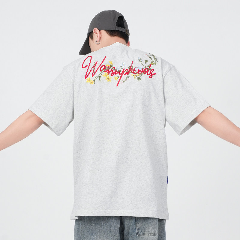 WASSUP手写花卉刺绣短袖T恤男女款美式宽松重磅纯棉情侣圆领上衣