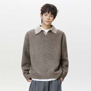 WASSUP假两件V领美式复古毛衣男款翻领老钱风针织衫上衣慵懒外套