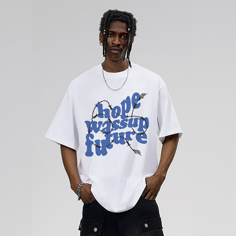 WASSUP美式字母T恤短袖男重磅纯棉宽松休闲夏季潮牌圆领半袖上衣