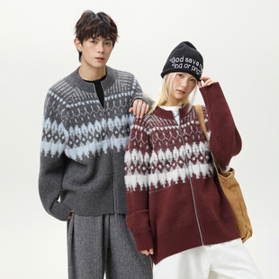 WASSUP费尔岛毛衣外套男女款秋季撞色氛围感长毛针织开衫宽松长袖