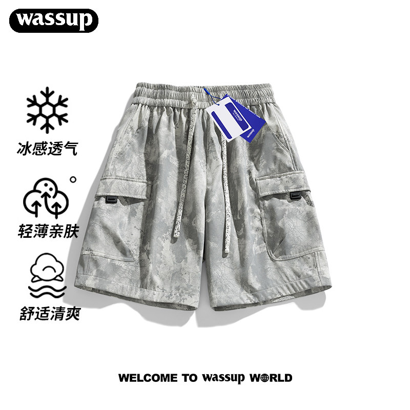 WASSUP潮牌美式扎染薄款休闲短裤男2026新款夏季宽松运动沙滩裤子