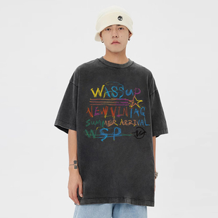 WASSUP潮牌复古水洗做旧短袖T恤男装夏季重磅宽松美式高街体恤衫