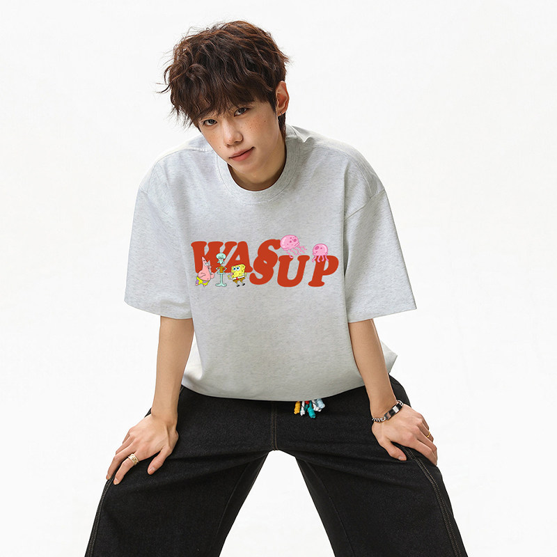 WASSUP灰色字母短袖T恤男夏季潮