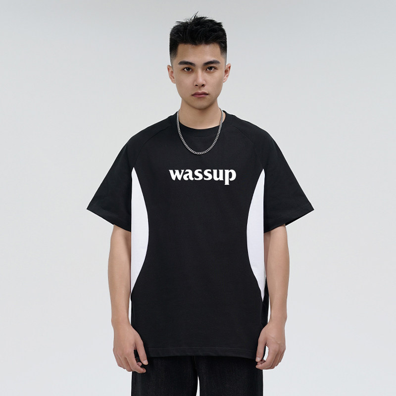 WASSUP潮牌重磅拼接撞色短袖t恤男夏季机车风痞帅美式宽松情侣装